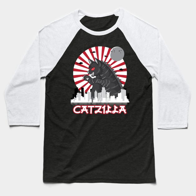 Catzilla Japanese Funny Retro Catzilla. Baseball T-Shirt by Longgilbert